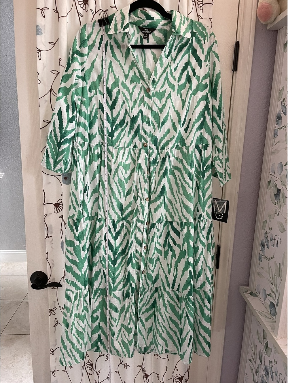 NWT | Mlle Gabrielle | M | Green White Zebra Print Tiered Shirt Dress
